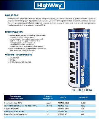 Масло трансмиссионное HighWay 80W-90 GL-4 минеральное 1л