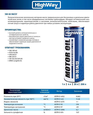 Масло моторное HighWay 5W-30 SN/CF полусинтетическое 1л